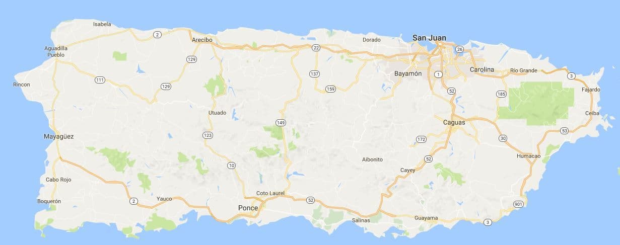 Mapa de Puerto Rico con la red de carreteras principales.